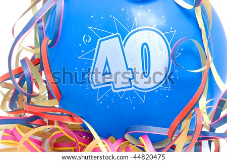 Blue birthday balloon for someone who is 40 years old with party streamers over white background