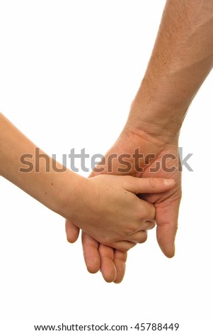 stock photo : Adult man and child holding hands over white background