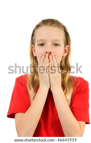 Young blonde girl covers her mouth: speak no evil, isolated on white background