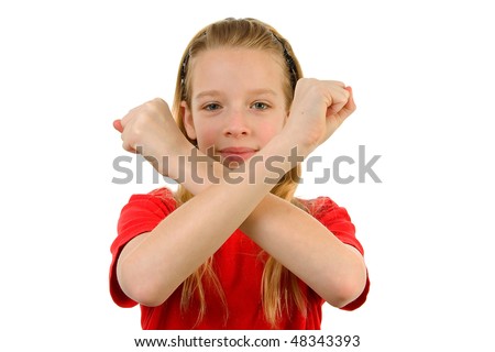 stock photo Young blonde girl is making X sign with her arms over white
