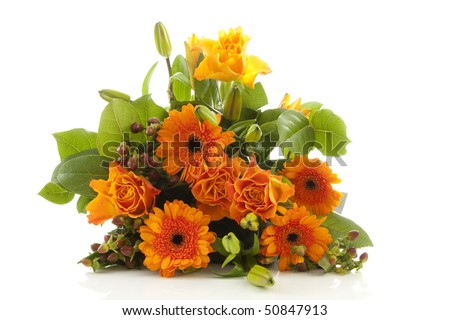 orange flowers bouquet. stock photo : Bouquet of orange flowers over white background