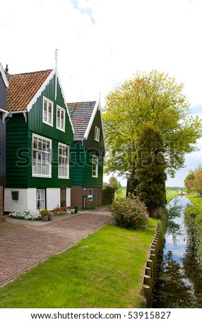 View over typical Dutch houses and nature in the village Marken, the Netherlands