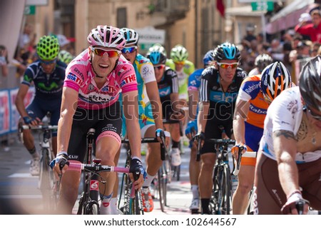 ASSISI, PERUGIA, ITALY - MAY 15: Ryder Hesjedal, Team Garmin, leader of general ranking of the competition, at the end of the 10th stage of 2012 Giro d\'Italia on May 15, 2012 in Assisi, Perugia, Italy