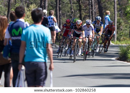 LA BARACCA, LA SPEZIA, ITALY - MAY 17: Nine cyclists on escape, with Lars Bak that will win the stage, during the 12th stage of 2012 Giro d\'Italia on May 17, 2012 in La Baracca, La Spezia, Italy