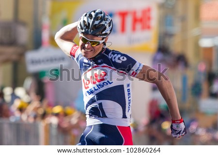 SESTRI LEVANTE, GENOVA, ITALY - MAY 17: Lars Bak, Team Lotto Belisol, wins the 12th stage of 2012 Giro d\'Italia on May 17, 2012 in Sestri Levante, Genova, Italy