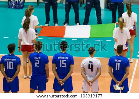 FLORENCE, ITALY - MAY 19: Listening the National Anthem before the World League match between Italy and France at Mandela Forum, Florence, Italy on May 19 2012