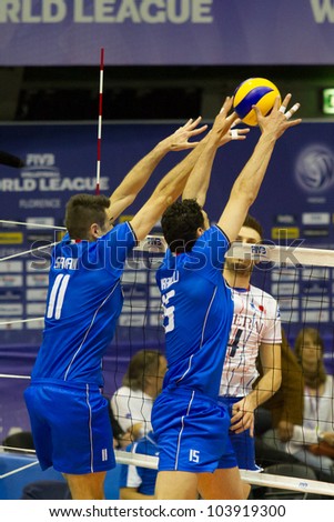 FLORENCE, ITALY - MAY 19: Italian block in action during a World League match between Italy and France at Mandela Forum, Florence, Italy on May 19 2012