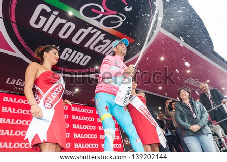 FLORENCE, ITALY - MAY 12: Vincenzo Nibali wearing Pink Jersey, Leader of Race, after 9th stage of 2013 Giro d\'Italia on May 12, 2013 in Florence, Italy