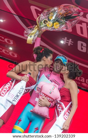 FLORENCE, ITALY - MAY 12: Vincenzo Nibali wearing Pink Jersey, Leader of Race, after 9th stage of 2013 Giro d\'Italia on May 12, 2013 in Florence, Italy