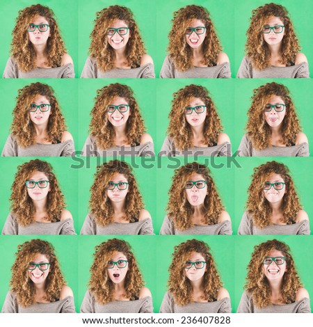 Curly Young Woman Multiple Portraits on Green Background