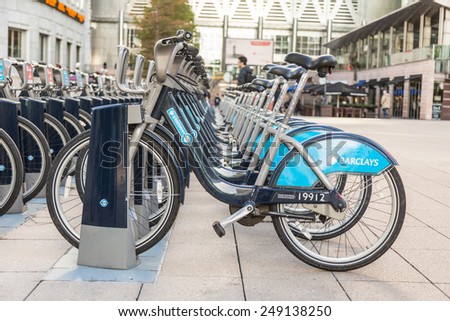 LONDON, UNITED KINGDOM - OCTOBER 30, 2013: Barclays Cycle Hire docking station in Canary Wharf district.