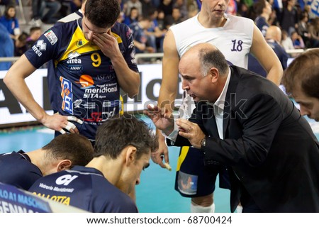 S.GIUSTINO, PERUGIA, ITALY - JANUARY, 2: Volleyball Italian Men\'s A1 League, Coach Lattari Radames of BCC-Nep Castellana Grotte during Time Out at PalaKemon on Jan 2 2011, S.Giustino, Italy