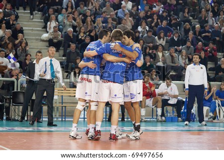 S.GIUSTINO, PERUGIA, ITALY - JANUARY, 2: Volleyball Italian Men\'s A1 League, Happiness for victory, RPA S. Giustino vs BCC-Nep Castellana Grotte at PalaKemon on Jan 2 2011, S.Giustino, Italy