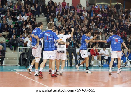S.GIUSTINO, PERUGIA, ITALY - JANUARY, 2: Volleyball Italian Men\'s A1 League, Happiness for victory, RPA S. Giustino vs BCC-Nep Castellana Grotte at PalaKemon on Jan 2 2011, S.Giustino, Italy