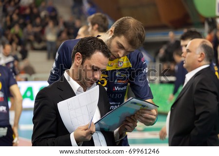 S.GIUSTINO, PERUGIA, ITALY - JANUARY 2: Volleyball Italian Men\'s A1 League, Time Out, RPA S. Giustino vs BCC-Nep Castellana Grotte at PalaKemon on Jan 2 2011, S.Giustino, Italy