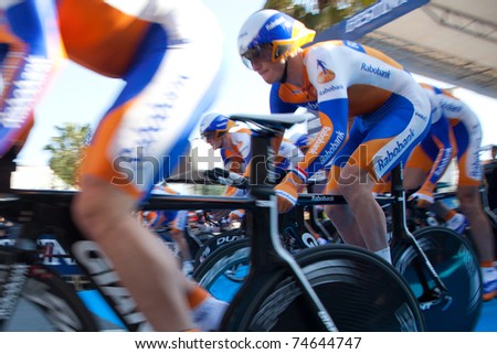 MARINA DI CARRARA, CARRARA, ITALY - MARCH 09: Team Rabobank during the 1st Time Trial stage of 2011 Tirreno-Adriatico on March 09, 2011 in Marina di Carrara, Carrara, Italy