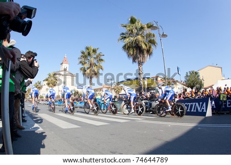 MARINA DI CARRARA, CARRARA, ITALY - MARCH 09: Team Quickstep during the 1st Time Trial stage of 2011 Tirreno-Adriatico on March 09, 2011 in Marina di Carrara, Carrara, Italy