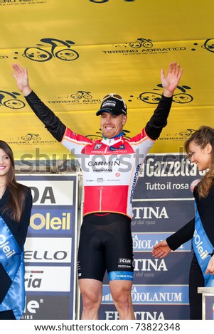 INDICATORE, AREZZO, ITALY - MARCH 10: Tyler Farrar of Team Garmin Cervelo awarded as Best Sprinter after the the 2nd stage of 2011 Tirreno-Adriatico on March 10, 2011 in Indicatore, Arezzo, Italy