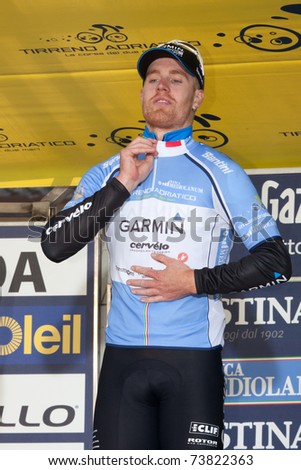 INDICATORE, AREZZO, ITALY - MARCH 10: Tyler Farrar of Team Garmin Cervelo awarded as Leader of Competition after the the 2nd stage of 2011 Tirreno-Adriatico on March 10, 2011 in Indicatore, Arezzo, Italy