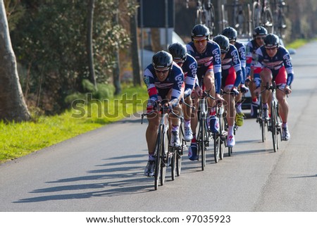 DONORATICO, LIVORNO, ITALY - MARCH 07: Team Lotto Belisol during the 1st Team Time Trial stage of 2012 Tirreno-Adriatico on March 07, 2012 in Donoratico, Livorno, Italy