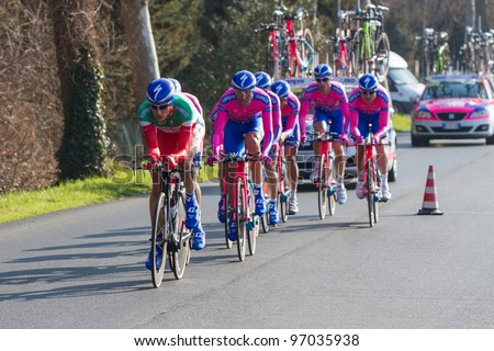 DONORATICO, LIVORNO, ITALY - MARCH 07: Team Lampre - ISD during the 1st Team Time Trial stage of 2012 Tirreno-Adriatico on March 07, 2012 in Donoratico, Livorno, Italy