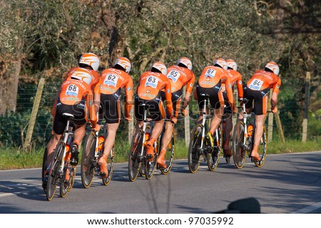 DONORATICO, LIVORNO, ITALY - MARCH 07: Team Euskaltel Euskadi during the 1st Team Time Trial stage of 2012 Tirreno-Adriatico on March 07, 2012 in Donoratico, Livorno, Italy