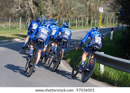 DONORATICO, LIVORNO, ITALY - MARCH 07: Team Saxo Bank during the 1st Team Time Trial stage of 2012 Tirreno-Adriatico on March 07, 2012 in Donoratico, Livorno, Italy