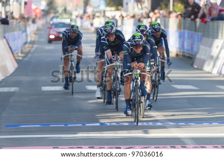 DONORATICO, LIVORNO, ITALY - MARCH 07: Team Movistar during the 1st Team Time Trial stage of 2012 Tirreno-Adriatico on March 07, 2012 in Donoratico, Livorno, Italy