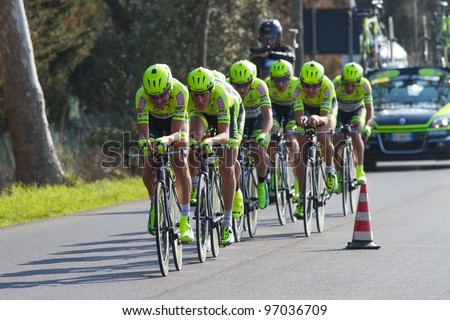 DONORATICO, LIVORNO, ITALY - MARCH 07: Team Farnese Vini during the 1st Team Time Trial stage of 2012 Tirreno-Adriatico on March 07, 2012 in Donoratico, Livorno, Italy
