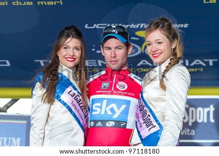 INDICATORE, AREZZO, ITALY - MARCH 08: Mark Cavendish stands on the podium after winning the 2nd stage of 2012 Tirreno-Adriatico on March 08, 2012 in Indicatore, Arezzo, Italy