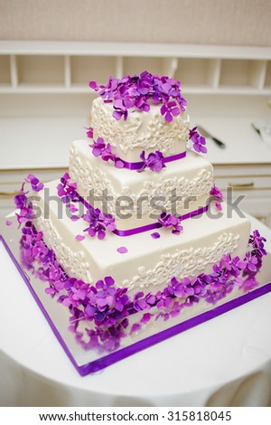 Big wedding cake before ceremony