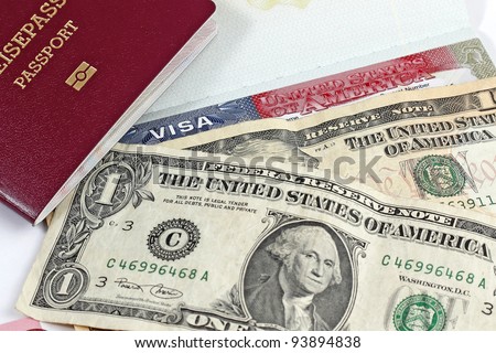 European Union passport, dollars and US visa