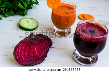 Fresh vegetable juices in glasses. Beet Fresh carrot juice and fresh juice