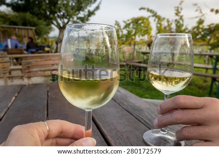 Tasting wine outdoor in a vineyard