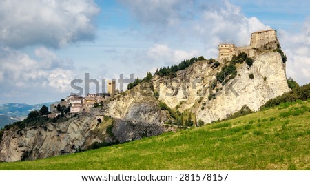 View of San Leo fortress and village, a fortified, palatial retreat of  Federico da Montefeltro, Italy