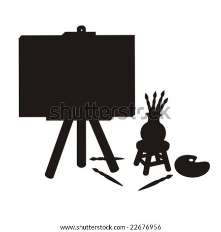 stock vector : Cartoon painter stuff silhouette, with easel and canvas, 