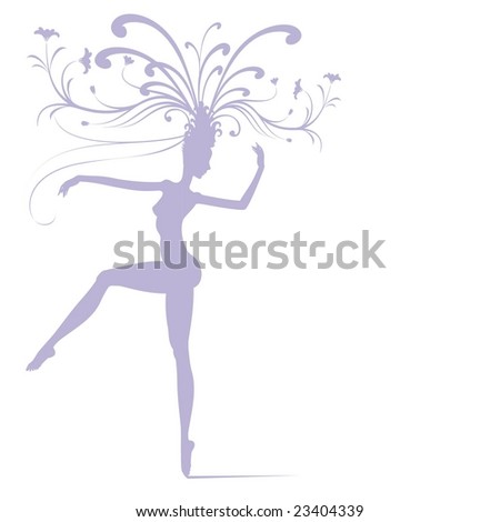 Silhouette of a dancing girl with waving branches of flowers on head. Large format full resolution.