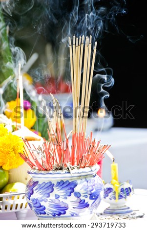 Smoking incense, Incense was burning with flames and Incense to worship the Buddha