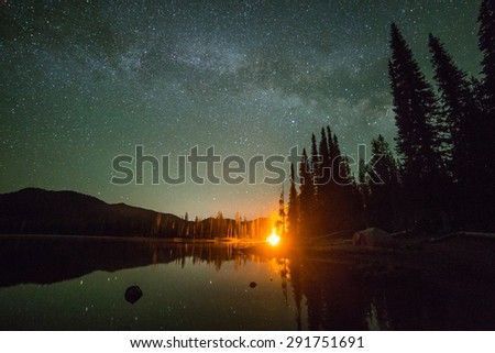 Milky way over the camp fire on lake