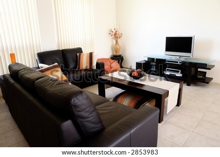 Modern orange and brown interior with home entertainment system