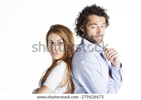 Closeup portrait of two people, couple woman and man, back to back, very sad, disappointed with each other, isolated on white background. Marriage, relationship problems. Human emotions, expressions