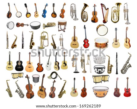 Musical instruments isolated under a white background