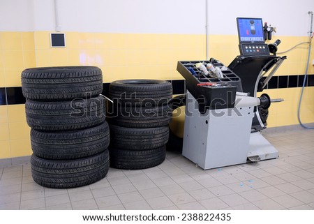 The image of tyre fitting machine and the sets of wheels