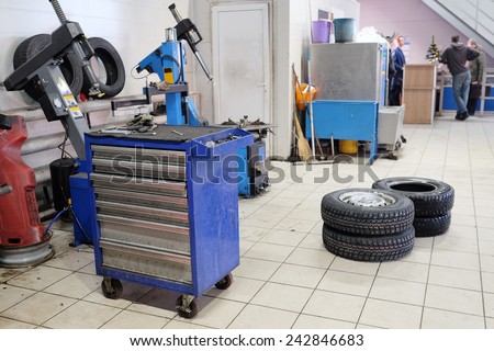 Blue metal tool cabinet at service station