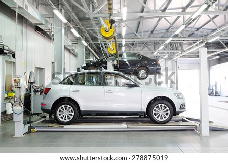 Tula, Russia, May, 8, 2015: Cars in a dealer\'s body shop in Tula, Russia
