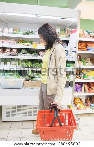 MOSCOW, RUSSIA  -  APRIL 09, 2015: Supermarket Pyaterochka with the most affordable prices. Russia\'s largest retailer. Woman shopping in supermarket