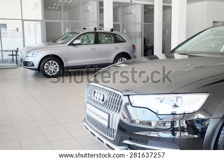 Moscow, Russia, May, 8, 2015: Cars in a dealer\'s showroom in Moscow, Russia