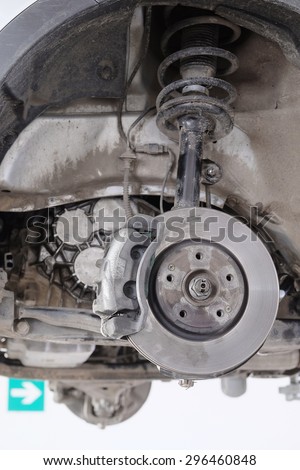 The brake mechanism of the car which is hung out on the lift