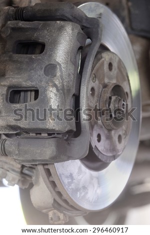 The brake mechanism of the car which is hung out on the lift