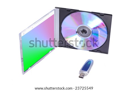 usb storage device and dvd disc under the white background